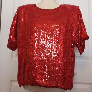 Red Sequined Cocktail Top Silk Blouse sz L